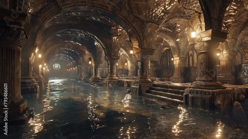 An aweinspiring, tranquil underground kingdom filled with ornate stone carvings and shimmering light reflections, ideal for immersive video game environments