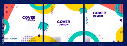 Abstract modern geometric cover, Memphis shapes pattern background. Vector square cards with vibrant dynamic elements, contemporary and energetic design for book or brochure covers, posters or banners