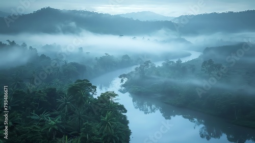 A serene river winding through the fogcovered rainforest, reflecting the urgent need for conservation efforts to protect these invaluable habitats photo