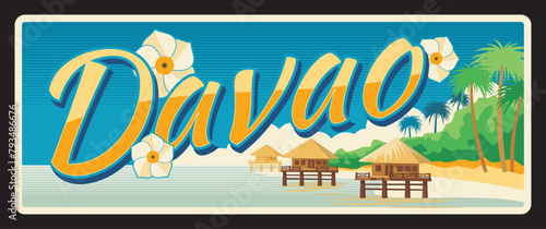 Davao Philippines administrative area, Region XI landscape. Vector travel plate, vintage tin sign, retro vacation postcard or journey signboard. Plaque with beach and flowers, wooden bungalow photo