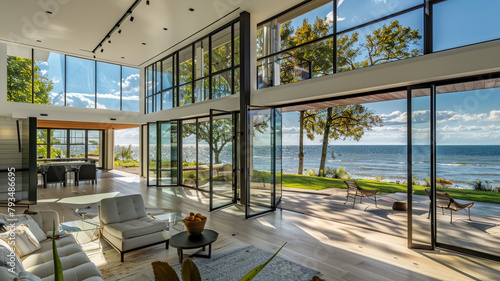 Contemporary holiday home with floor-to-ceiling retractable glass walls  seamlessly connecting the indoor space with the natural oceanfront.
