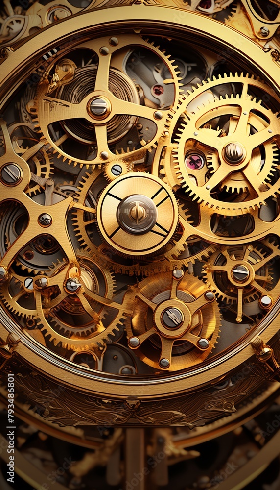 Produce a dynamic digital rendering featuring a tilted angle view of intricate gold machinery gears within a clock Incorporate a sense of movement and precision