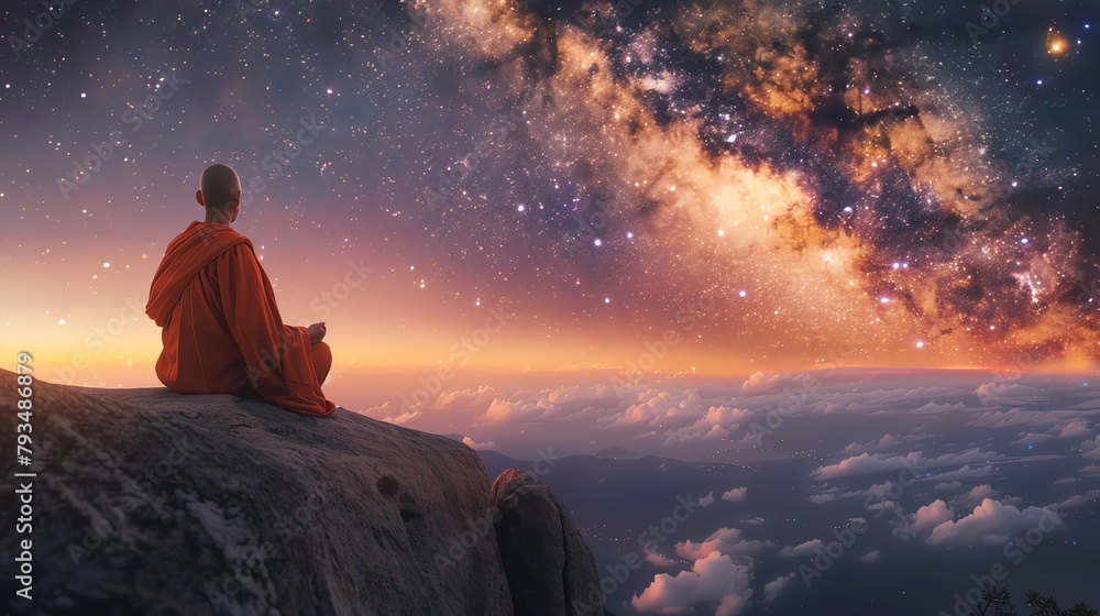 A serene yet spectacular image of a Thai monk in meditation, with the universe as a backdrop, showcasing stunning visual harmony, ideal for a mindfulness campaign