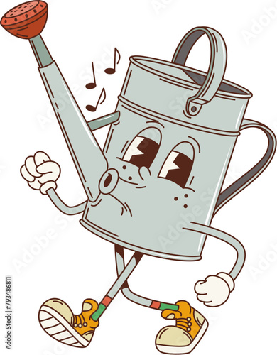 Cartoon retro groovy watering can character. Isolated vector cheerful gardening item personage with carefree face, walking and whistling playful melody, exuding friendliness and nostalgic summer vibes