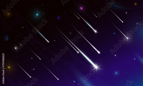 Shooting sky stars with trails, falling space comets and meteors. Realistic 3d vector asteroids, bolides with luminous traces streak in night heaven. Cosmic fireballs, meteors, meteorites in galaxy