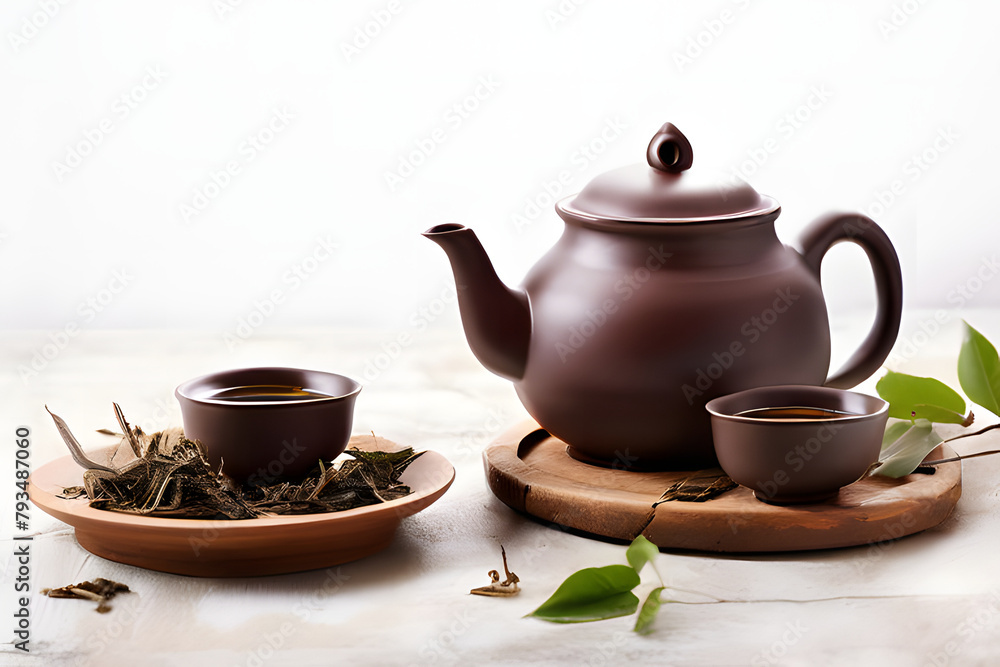 teapot with dry tea and leaves on white grunge background