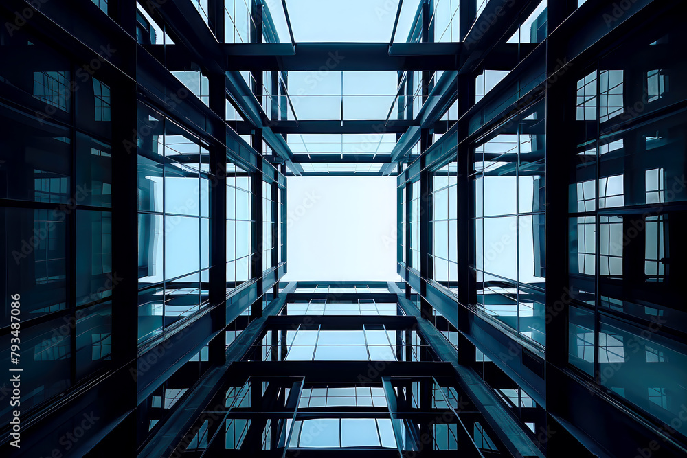 Modern glass building symmetry structure looking up at the sky, geometric lines contemporary structure Modern glass building symmetry structure looking up at the sky, geometric lines contemporary structure