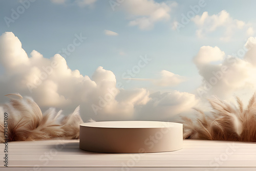 serene scene with empty podium for display or product showcase with sky and clouds background