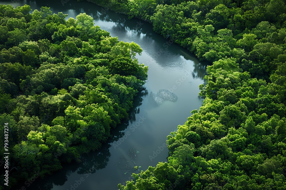 A winding river meandering through the trees A winding river meandering through the trees