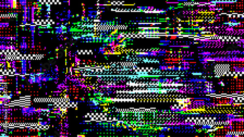 Retro pixel noise glitch abstract background with noisy pattern. Vector glitched backdrop pulsating with colorful distortions and digital artifacts. Monitor screen with computer error or bug