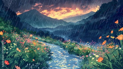 colorful wildflowers in the rain illustration poster web background