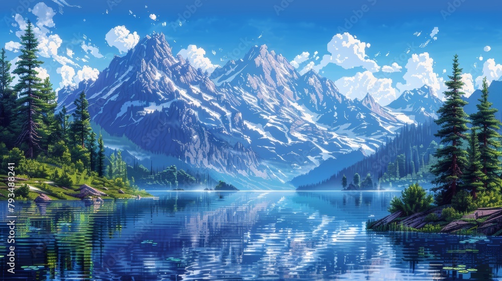 Digital illustration of a tranquil mountain lake with snow-capped peaks and lush greenery