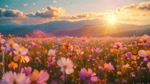 Flower field, morning sun warm light, nature landscapeflower photo