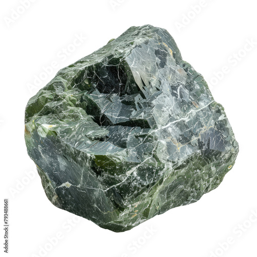 A close up shot of a raw Actinolite rock sample from a geological collection is isolated against a transparent background photo