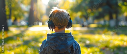 A small child boy in a calm autumn park with a lot lushness and foliage is sporting headphones to listen to music whilst the sun rays over and space, Generative AI. photo
