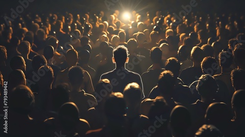 An innovative design showcasing one man shining brightly in a dimly lit crowd