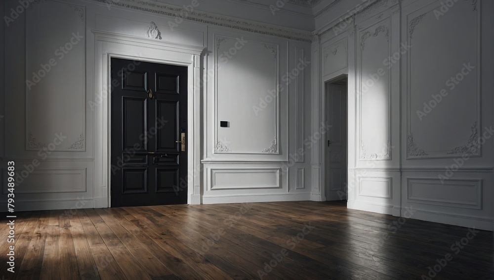 A minimalist room with a contrast of a black door against a white wall, The hardwood flooring complements the black door, creating a modern aesthetic A minimalist room with a contrast of a black door against a white wall, The hardwood flooring complements the black door, creating a modern aesthetic