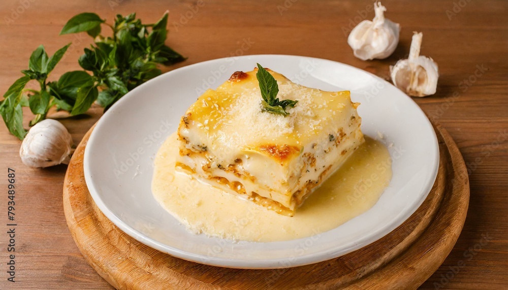 Four Cheese Lasagna on wooden table.
