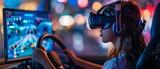 A youths an ado lady with virtual reality glasses is playing a computer game over the console's rear view screen while holding upon the steering wheel and space, Generative AI.