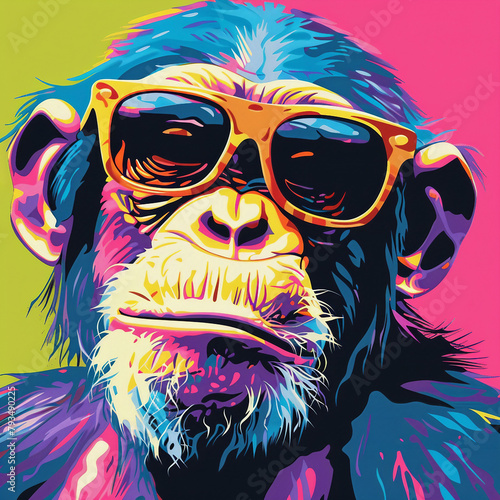 Chimpanzee in sunglasses pop art on a colorful background 