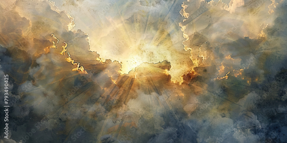 Hope in the Divine: The Cloudy Sky and Breaking Sunlight - Picture a cloudy sky with sunlight breaking through, illustrating the hope and faith that religion can provide during dark times - obrazy, fototapety, plakaty 