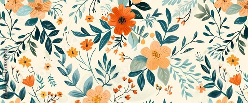 Retro vintage folk art illustration pattern with wildflowers
