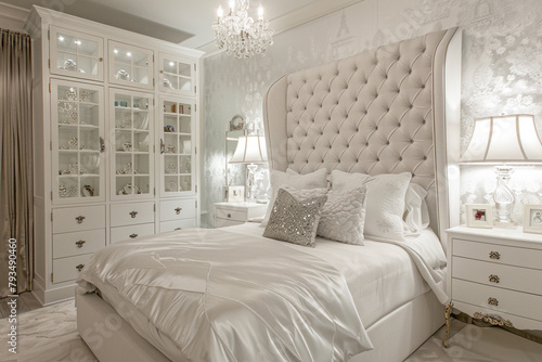 Luxurious white master bedroom with silk wallpaper, a dramatic tufted headboard, and a custom-designed jewelry armoire. photo