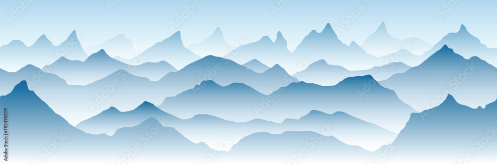 Vector illustration of mountains, ridge in the morning haze, seamless border, panoramic view	