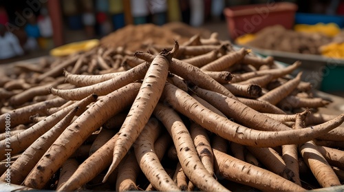 A pile of Cassava roots Manihot esculenta a major sour .Generative AI photo