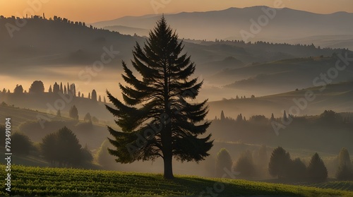 View at dawn on Cedar Of Lebanon conifer evergreen .Generative AI