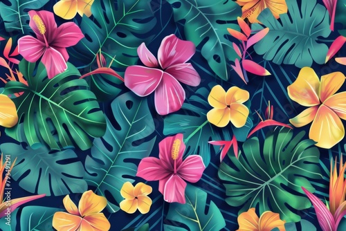 Tropical flowers and leaves seamless pattern with exotic colorful blossoms