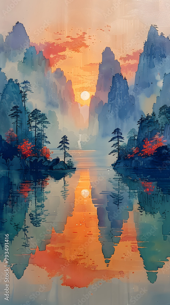 A sunset painting with orange hues over a lake, mountains, and clouds in the sky