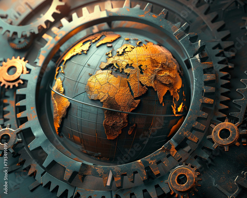 A 3D animated representation of a globe with gears turning and interlocking in harmony,