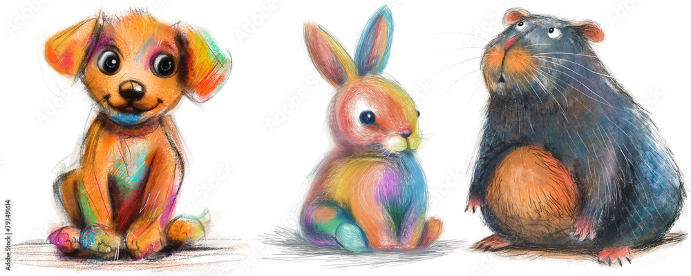a colored pencil drawing of a dog, a rabbit, a mouse a colored pencil drawing of a dog, a rabbit, a mouse