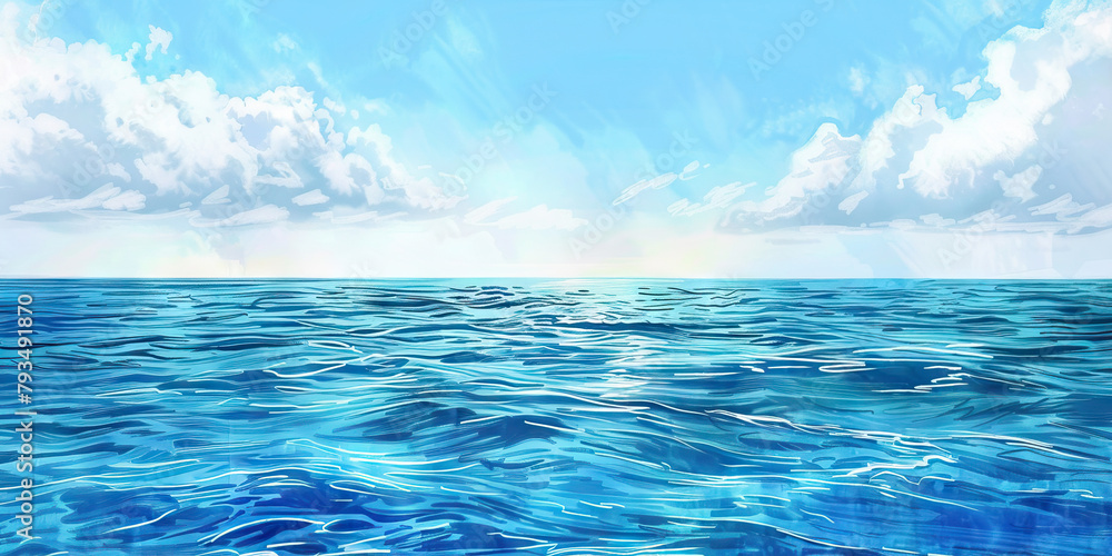Acceptance of Grief: The Ocean and Calm Waters - Visualize a calm ocean, illustrating the acceptance and peace that can come from religious beliefs about the nature of grief and loss