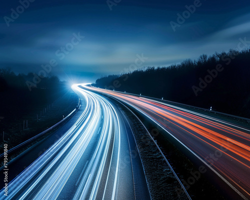 An abstract representation of light trails and vehicles on a night time highway ,