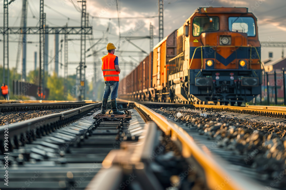 Fototapeta premium Railway engineers inspect tracks as a freight train passes by, meticulous maintenance, safe and efficient rail transportation.