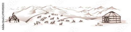 Sketch on the topic of life in Central Asia, nomads life, yurt in the mountains, flock of sheep, vector illustration	