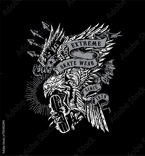 Vector illustration of eagle with old style skateboard.
