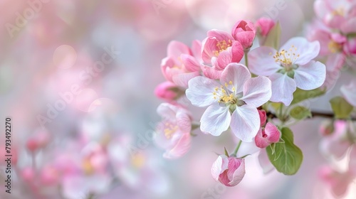 Pink flower blossoms of an apple tree with a blurred background Close up of apple tree blossoms