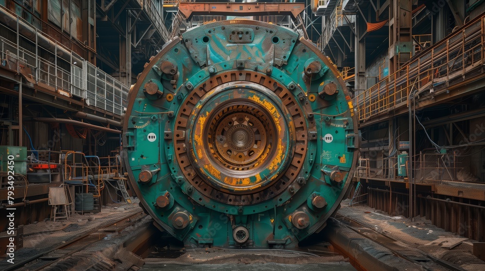 Giant Tunnel Boring Machine in Assembly Facility. Colossal tunnel boring machine component housed within an assembly facility, preparing for subterranean excavation.