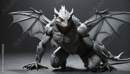 A muscular gray dragon is crouched on the ground. Its wings are folded against its back, and its long tail is curled behind it. The dragon's head is low to the ground, and its eyes are narrowed. Its s photo