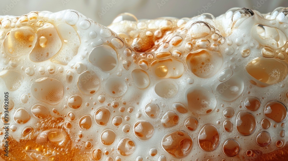 Macro shot of golden beer froth, highlighting the texture and bubbles Macro shot of golden beer froth, highlighting the texture and bubbles