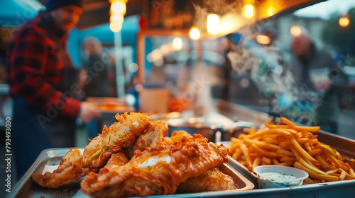Hot fish and chips are prepared for customer on trays in a food truck. photo