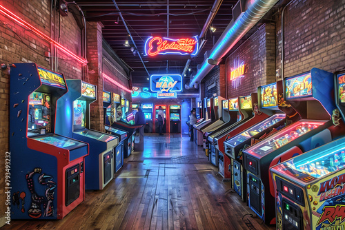 1980s arcade: Enthusiastic gamers compete on retro arcade machines, surrounded by neon lights and classic video game soundtracks.
