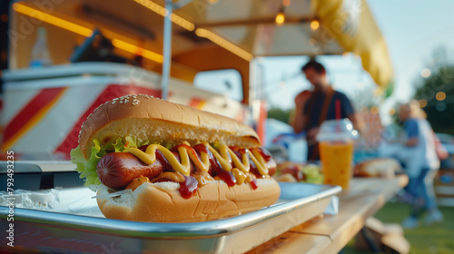 A hot dog is placed on a tray with food truck as a background. photo