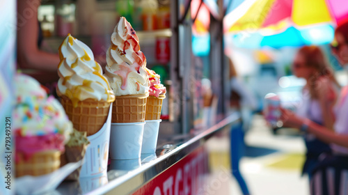 A lot of soft serve ice-cream cones are placed in paper cups at the food truck. Close-up of soft serves are topped with hot fudge, strawberry, caramel.