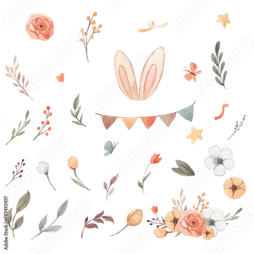 Watercolor bunny ears and flowers illustration for kids