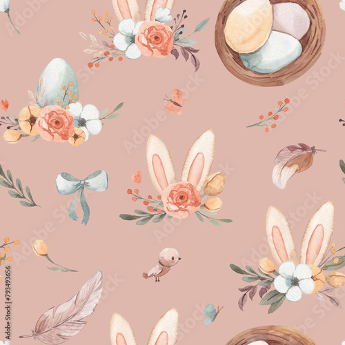 watercolor easter bunny ears seamless pattern illustration for kids © Olga Listopad