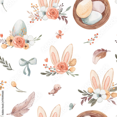 watercolor easter bunny ears seamless pattern illustration for kids © Olga Listopad